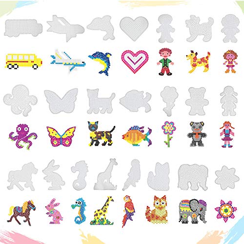 24 Pieces 5mm Fuse Beads Pegboards Kit for Kids Craft and 24 Colorful Cards 2 Large Clear Plastic Pegboards Craft Trays Extra 30 Double Sided Cards Beads Tweezers Iron Paper Keychains and More