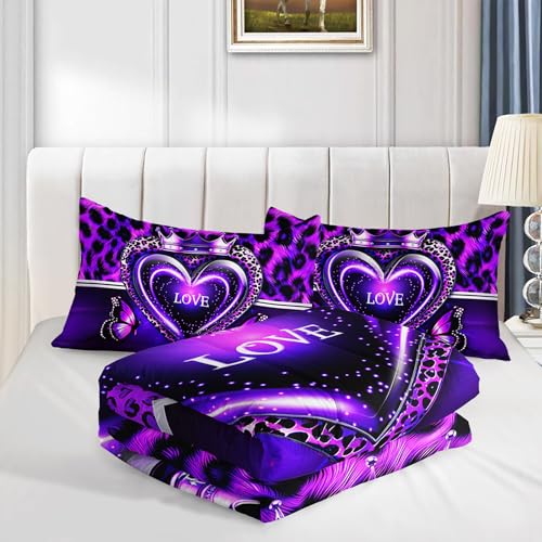 Image of AILONEN Purple Heart Bedding Set Queen Size,Luxury Leopard Print Comforter with 2 Pillowcases for Girls Women,3-Piece Crown Butterfly Quilt Set for Home Decor