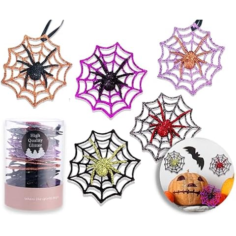 Christmas Traditions 16 Pcs 4 inch 3D Glittered Halloween Spider Ornaments on Web for Door/Window/Wall, Indoor/Outdoor use Party Decorations 5 Colors asst, Small, Various-5 Cols, WW-1011 Cover