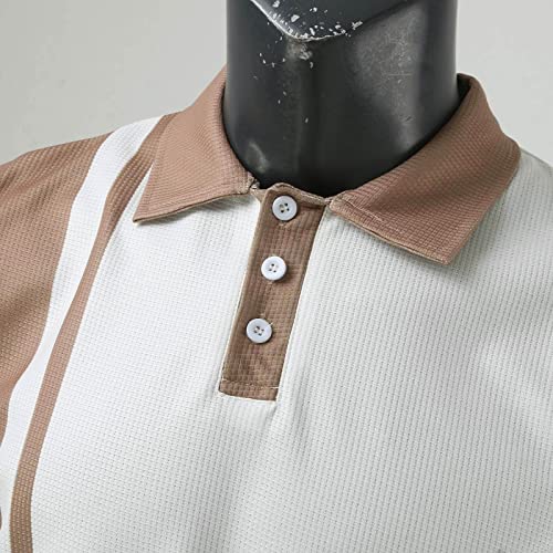 STKOOBQ Camiseta masculina de verão xadrez manga curta com lapela listrada colorida, Caqui, P