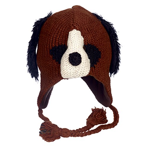 Handgestrickte Wollmütze | Hund | lustige Wollstrick Fleece gefüttert Tiermütze für Damen und Herren | Einheitsgröße | Wollige Wintermütze mit Ohrenwärmern und Quasten braun Cover