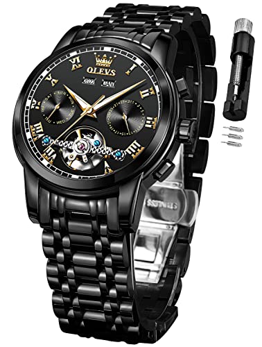 OLEVS Watch for Men Automatic Luxury Watches Self Winding Mechanical Business Stainless Steel Multi Calendar Waterproof Luminous Wrist Watches Black
