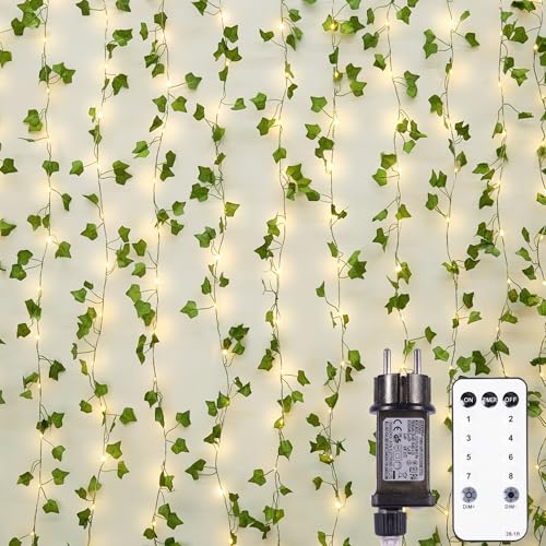 StarryEver 20M Efeu Lichterkette Innen Strom, Anschließbar 200 LED Warmweiß Lichterkette Außen mit Stecker Fernbedienung Timer, 8 Modi Lichterkette Efeu Girlande für Wohnzimmer Schlafzimmer Party
