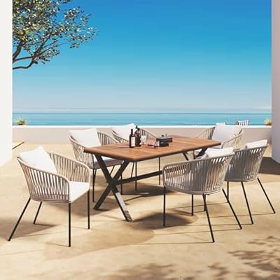 GO 7 Pieces Patio Dining Set, All-Weather Outdoor Furniture Set with Dining Table and Chairs, Acacia Wood Tabletop, Metal Frame, for for Garden, Backyard, Balcony, Beige