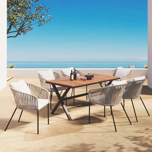 Merax 7 Pieces Patio Dining Table and Chairs, All-Weather Outdoor Furniture Set, Acacia Wood Tabletop, Metal Frame, for Garden, Backyard, Balcony, Beige