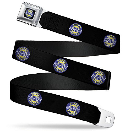 Image of Buckle-Down Seatbelt Belt - CHEVROLET SUPER SERVICE Logo Black /Blue /Yellow /White
