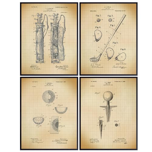 Retro Vintage Wall Art For Office 11X14 - Man Cave Decor, Vintage Home Decor For Den, Bedroom, Living Room - Ideal Man Room Decor, Sports Enthusiast Gift - Set Of Four Art Prints, Unframed Golf Patent