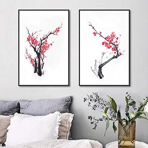 Peinture fleur de prunier en toile 40x50cm diptyque asiatique pour décoration murale