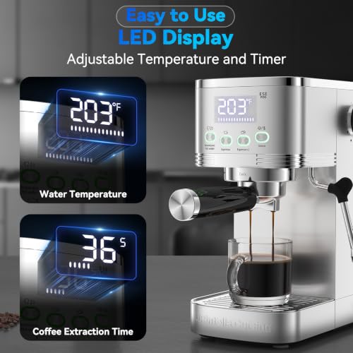 Image of Espresso Machine 20 Bar Temperature and Timer LED Display Espresso Maker with Adjustable Extraction Temperature Stainless Steel Coffee Machine with Steam Milk Frother for Cappuccino Latte Americano