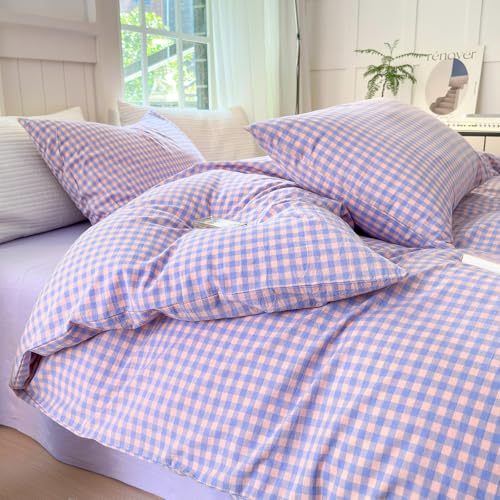 Image of LifeTB Purple Gingham Comforter Queen Comforter Set Fluffy Soft Plaid Checkered Pattern Comforter Purple Pink Gingham Bedding Set Farmhouse Grid Plaid Comforter Set for All Seasons Queen Size