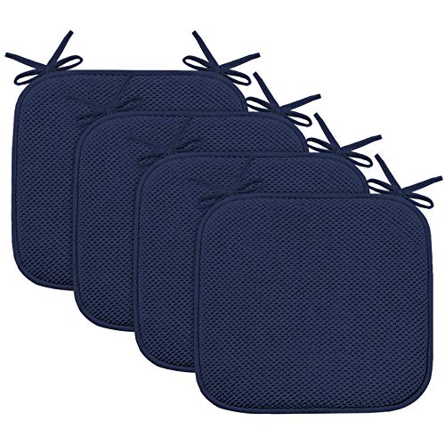 Chair Cushion Memory Foam Pads Non Slip Honeycomb Pattern Square 16 x 16 Seat Cover Ultimate Comfort and Softness Cushions with Ties - Solid Color Seat Cover 16 x 16 , 4 Pack, Navy
