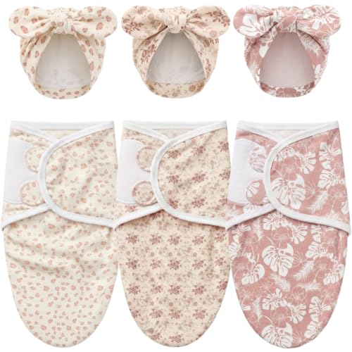 Image of DRESHOW BQUBO 3 Pack Newborn Baby Swaddle Blanket with Hats Infant Adjustable Velcro Swaddling Wraps with Bear Ears Cap for 6-12 Lbs Newborns & 0-3 Months Girls Boys