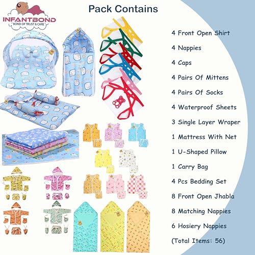 Image of Infantbond 56 in 1 New Born Baby Complete Daily Items Combo (0-6 Months) (Apple) (Blue Kitty)