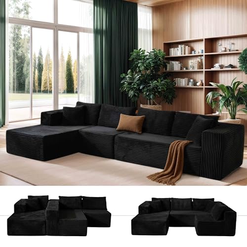 Image of 140 inch Oversized No Assembly Compression Boneless Cloud Sectional Couches for Living Room, L-Shape Comfy Fluffy Sleeper Sofa Bed, Modular Corduroy Reclining Memory Foam Furniture for Bedroom Home Black