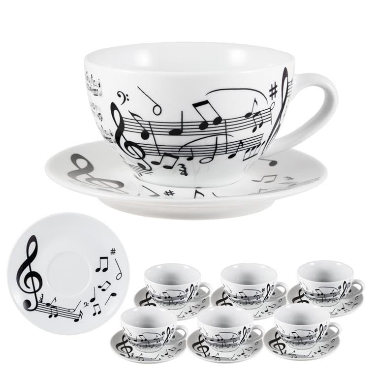 DRW Set 6 Tazze Jumbo con Piatto in Porcellana Decorate con Note Musicali, Tazza: 11 x 11 x 7 cm, Nero/Bianco, Medidas: Taza: 11x11x7 cm