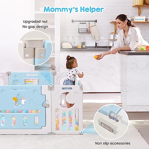 Baby Playpen, Dripex Baby Playard for Babies and Toddlers, 14-Panel Foldable Playpen Adjustable Portable Play Area, Indoor/Outdoor Kids Active Center with Game Panel & Safety Gate, Blue White