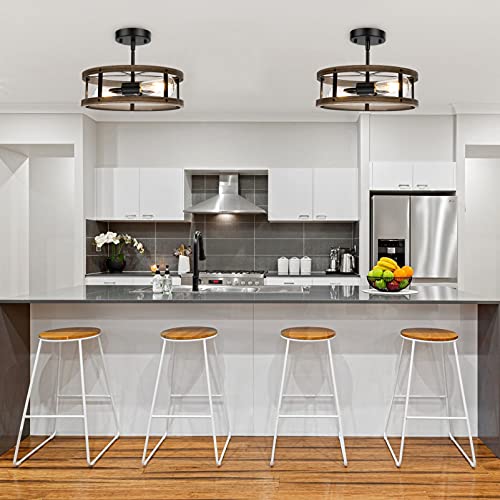 Farmhouse Semi Flush Mount Ceiling Light Fixture, 2-Light Industrial Metal Cage Ceiling Lamp, Vintage Close to Ceiling Lighting, Wood and Matte Black Finish - Thumbnail 6