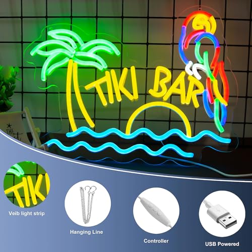 Image of LED Neon Tiki Bar Signs Dimmable Beach Theme Wall Decor Hawaii Pool Bar Party Gift for Boys Girls-16 x 12.2 IN-USB Powered-Acrylic
