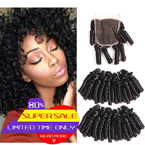 Ms Taj Funmi Hair 4 Bundles with Closure 8A Peruvian Virgin Loose Wave Hair with Lace Closure 4x4 Unprocessed Curly Weave Spring Bouncy Twist Curl Human Hair Weave 50g/Pc Natural Black (8 8 8 8+8)