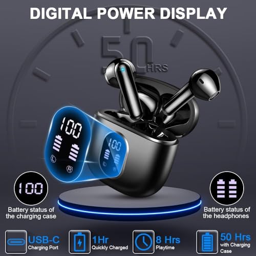 Image of Wireless Earbuds, Bluetooth Headphones, Stereo Bass Ear Buds with ENC Noise Cancelling Mics, Bluetooth Earbuds with LED Display Charging Case, IP7 Waterproof Earphones for Android iOS /Glossy black