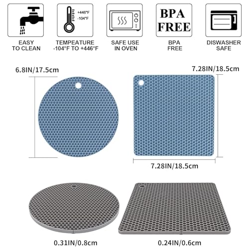 Image of Trivets for Hot Dishes, 4 Pack Silicone Hot Pads for Kitchen, Non-Slip Heat Resistant Silicone Mat for Countertops, Spoon Rest, Multipurpose Food Grade Thick Trivet(Gray& Blue) Pot Holders