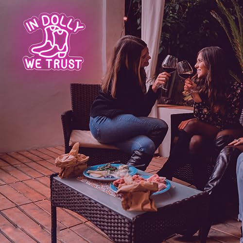 Image of In Dolly We Trust Neon Sign for Wall Decor Cowgirl Boots for Man Cave | Country Retro Style, Rustic Decoration for Home Party, Birthday Gifts for Women 12.2*11.6in