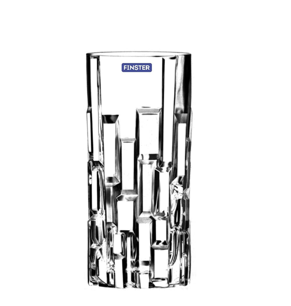 FINSTER Glass Premium Juice Water Glasses Set of 2-300ml, Transparent (Long Crystal 3D Brick Design Milkshake Glass Set Cocktail Mocktail Tumbler)