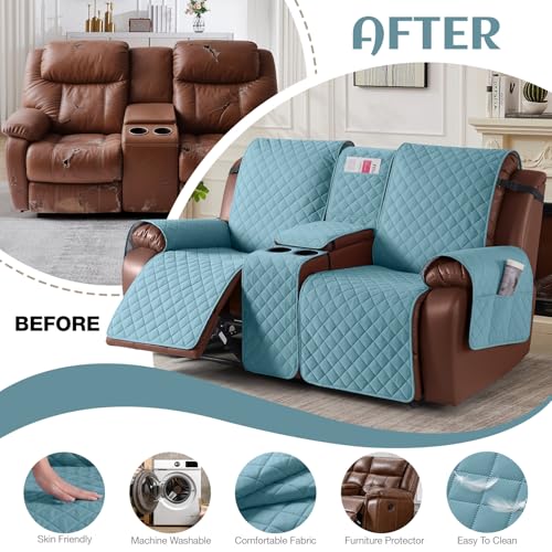 Image of KinCam 100% Waterproof Recliner Loveseat Cover with Console, Non-Slip Reclining Couch Covers for 2 Seat, Recliner Sofa Cover Furniture Protector with Elastic Straps for Kids, Pets, Light Blue