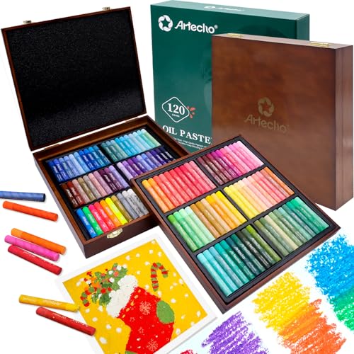 Image of Artecho Oil Pastels Set of 120 Colors Wooden Box (10 x 70 mm) | Soft Oil Pastels, Art Painting, Drawing, Blending, Ideal Gift Choice