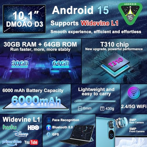 Image of DMOAO Tablet, 2026 Android 15 Tablet with Gemini AI, 10.1 Inch FHD Display, 30GB RAM 64GB ROM /1TB TF, 6000mAh Battery, Octa-Core 2.0GHz, Widevine L1, 2 in 1 Tablets with Keyboard Mouse(Blue)