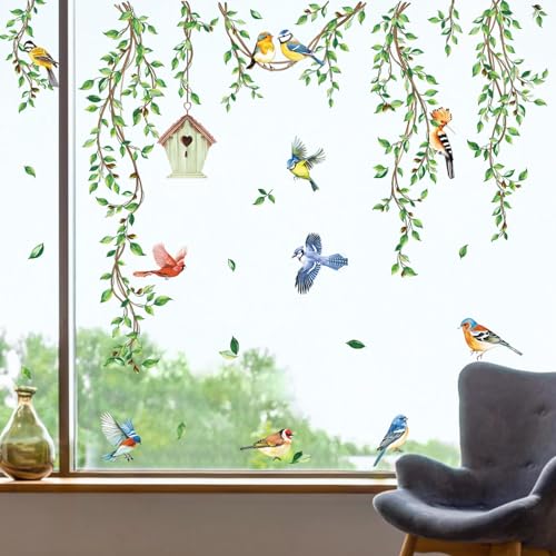 decalmile Spring Summer Hanging Green Vine Double Sided Window Clings Birds Tree Leaves Window Decals Anti-Collision Glass Window Doors Window Stickers