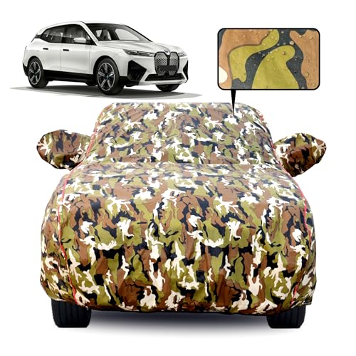 Image of Waterproof Car Body Cover for BMW iX with Mirror Pocket, Soft Cotton Lining, Triple Stitched, Full Bottom Elastic (Heat Resistant Jungle Print with Red Piping)