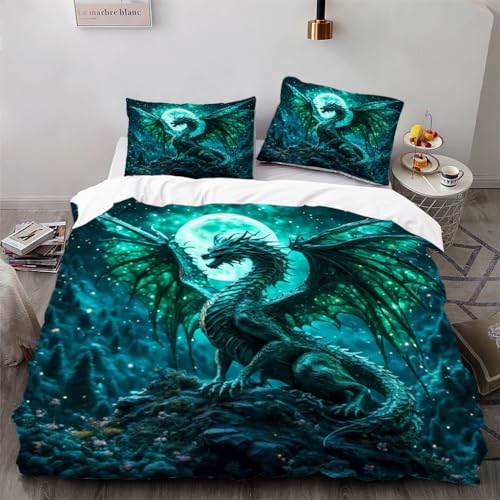 Parure de lit 200x200 cm dragon vert en microfibre douce et infroissable