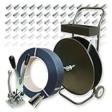 --- Abrollwagen Abmessungen L x B x H : 630 x 360 x 920 mm --- Abrollwagen für Bandbreiten : 5 -15 mm --- Abrollwagen für Bandrollen-Innendurchmesser : 150 mm, 200 mm, 280 mm, 406 mm --- Spanngerät für Bandbreiten : 15 - 16 mm --- Bandbreite: 16 mm --- Bandlänge: 2000 lfm --- Bandstärke : 0,50 mm --- Reißfestigkeit: 200 kg --- Kerndurchmesser: 406 mm --- Verschlusshülsen : 16 mm ---