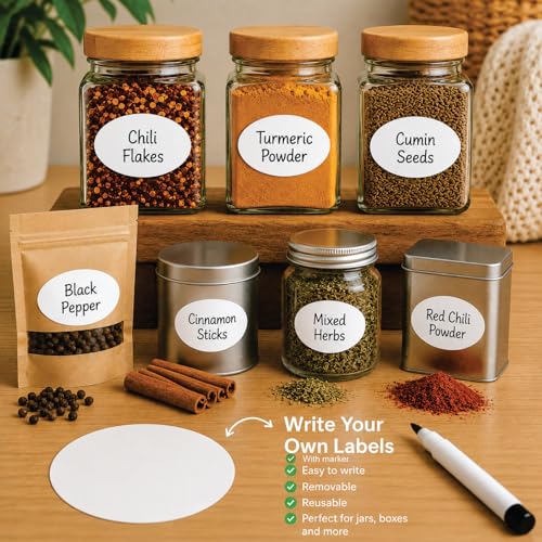 Image of CVANU Spice Jar Label Stickers (100PCS - White) Self-Adhesive Kitchen Container Labels with Black Marker | Matte Writable Stickers for Spice Bottles, Storage & Masala Boxes | Oval Design Blank Labels