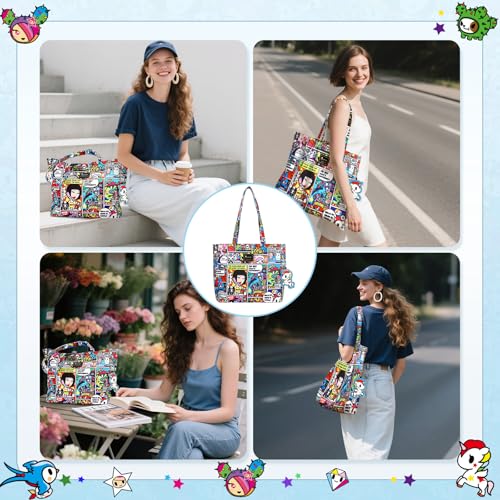 Image of tokidoki Large Tote Bag with Unicorno Keychain Laptop Travel Bag Shoulder Work Tote Weekender Bag Handbag for Women