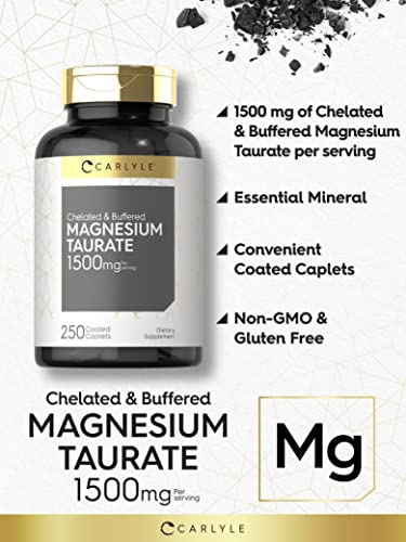 Magnesium Taurate 1500Mg | 250 Caplets | Chelated And Buffered | Vegetarian, Non-Gmo, Gluten Free Supplement | By Carlyle #TOP2