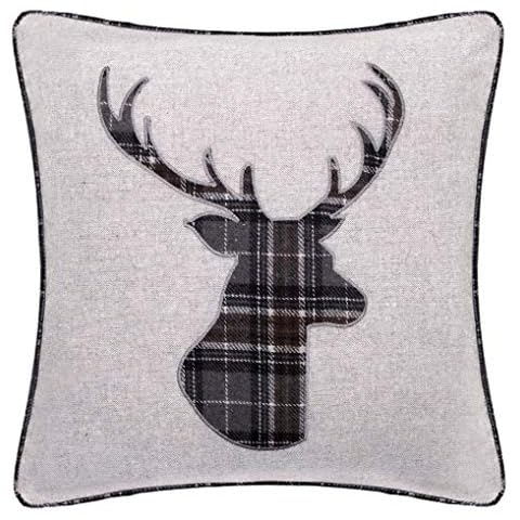 Red Rainbow Tartan Stag 18 Inch Black & Grey Cushion Cover Soft Woven Tweed Wool Fabric Cover