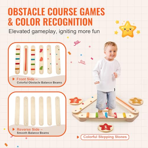 Image of VEVOR Balance Beam Stepping Stones, 6 PCS Wooden Toddler Balance Boards, Montessori Toy for Kids 3-6, Build Coordination and Gross Motor Skills Gymnastics Obstacle Course Indoor Outdoor for Girls Boys