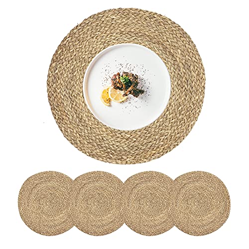 Image of Woven Placemats for Dining Table Set of 4, 100% Natural Straw, Rustic Round Placemats Farmhouse Table Mats Rattan Wicker Placemats Hand Braided Place Mats for Indoor Outdoor, 14.17 inch