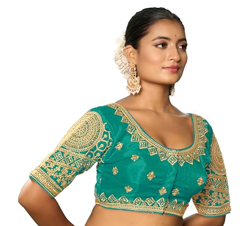 Pujia Mills Women's Indian Ethnic Wear Designer Golden Codding With Matching Embroidered Work Round Neck Half Sleeve Readymade Padded Saree Blouse Rama Readymade Work Blouse