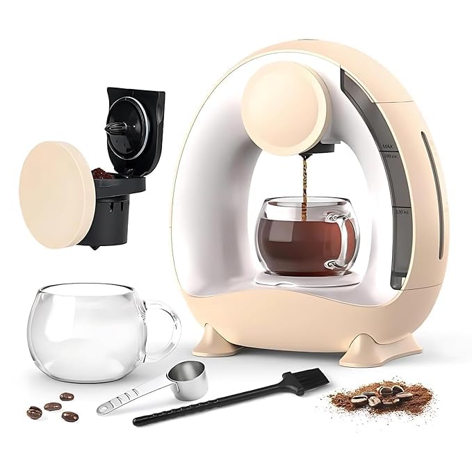 Image of Pod and Grounds Single-Serve Coffee Maker, 2 in 1 One Cup Coffee Machine Compatible with K-Cup Pod & Coffee Grounds /Tea, Compact Design, Champagne Color (Cream)
