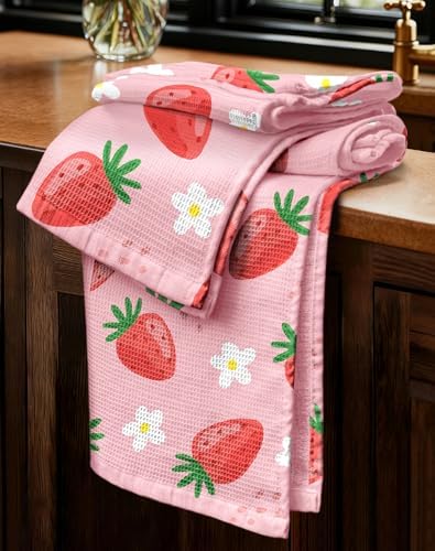 Waffle Kitchen Towels Set of 2-16x26 Inch Cotton Dish Cloths for Kitchen with Hanging Loop Absorbent Reusable Hand Tea Towels Cute Design Home Decorative Housewarming, PK Strawberry