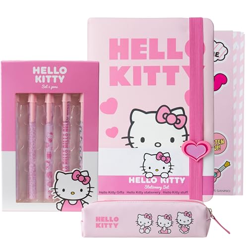 Get Trend Hello Kitty Stationary Set with Cute Notebook Ball Point Pens Kawaii Pencil Case Anime Stickers Cute Stuff Journal Accessories Gift for Teens (Pink Hello Kitty)