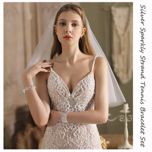 4 PCS Rhinestone Stretch Bracelets for Women Bling Bikini Competition Jewelry Silver Bridal Sparkly Wedding Strand Tennis Bracelet Set2