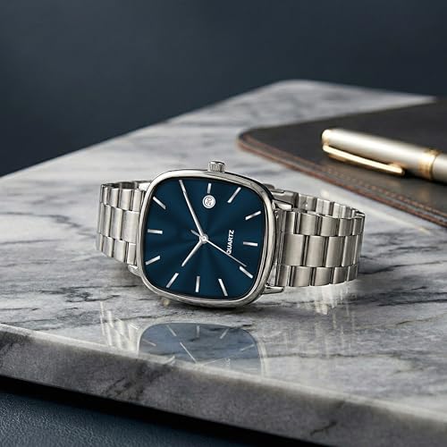Image of Acnos Luxury Square Dial Quartz Watch for Men & Women - Stainless Steel Bracelet, Minimalist Analog Wristwatch with Date Window Pack of 1