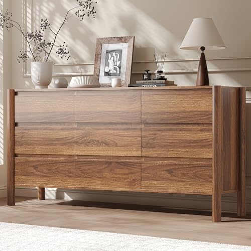CHUWELL Walnut Dresser for Bedroom, 63" Wide Mid Century Modern Chest of Drawers with 9 Large Storage Space and 4 Solid Wood Cylindrical Legs, 9 Drawer Large Dresser for Bedroom(Walnut)
