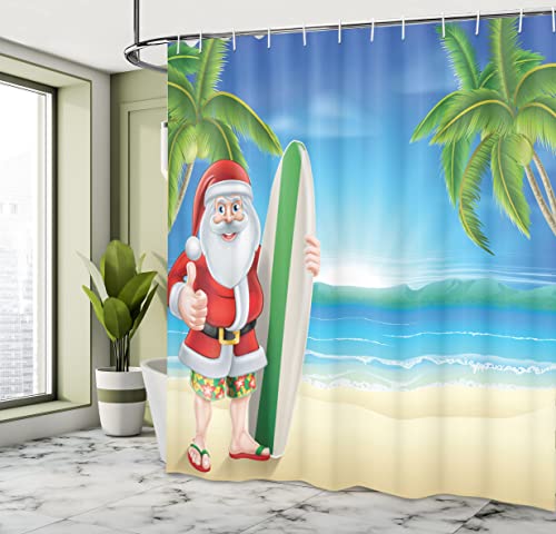 Ambesonne Christmas Shower Curtain, Santa Claus With Trunks On The Beach And Surfboard Sunny Hot Christmas Theme, Cloth Fabric Bathroom Decor Set With Hooks, 69" W X 70" L, Blue Green #TOP3