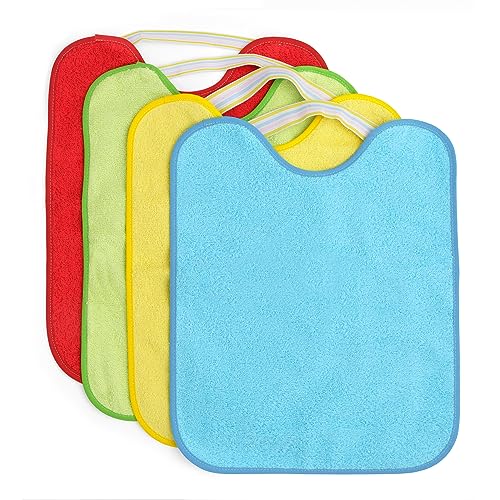Pack 4 Baberos con Goma Elástica - Rizo de Algodón 90% y Poliéster 10% - Impermeables, Suaves y Absorbentes - Forro de Vinilo - Fácil Lavado y Secado - Ideal Guardería y Bebés + 12 meses