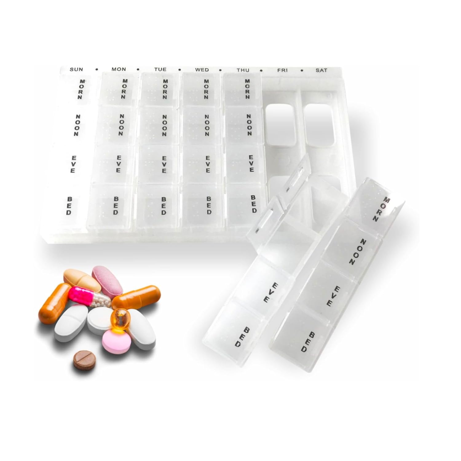 Weekly Pill Box 7 Day 4 Times a Day Pill Dispenser | Tablet Organiser with 28 Compartments | Clear Medicine Storage Box (Clear)
